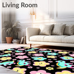 Cute Teal Dinosaurs Pink Yellow Flowers Rug