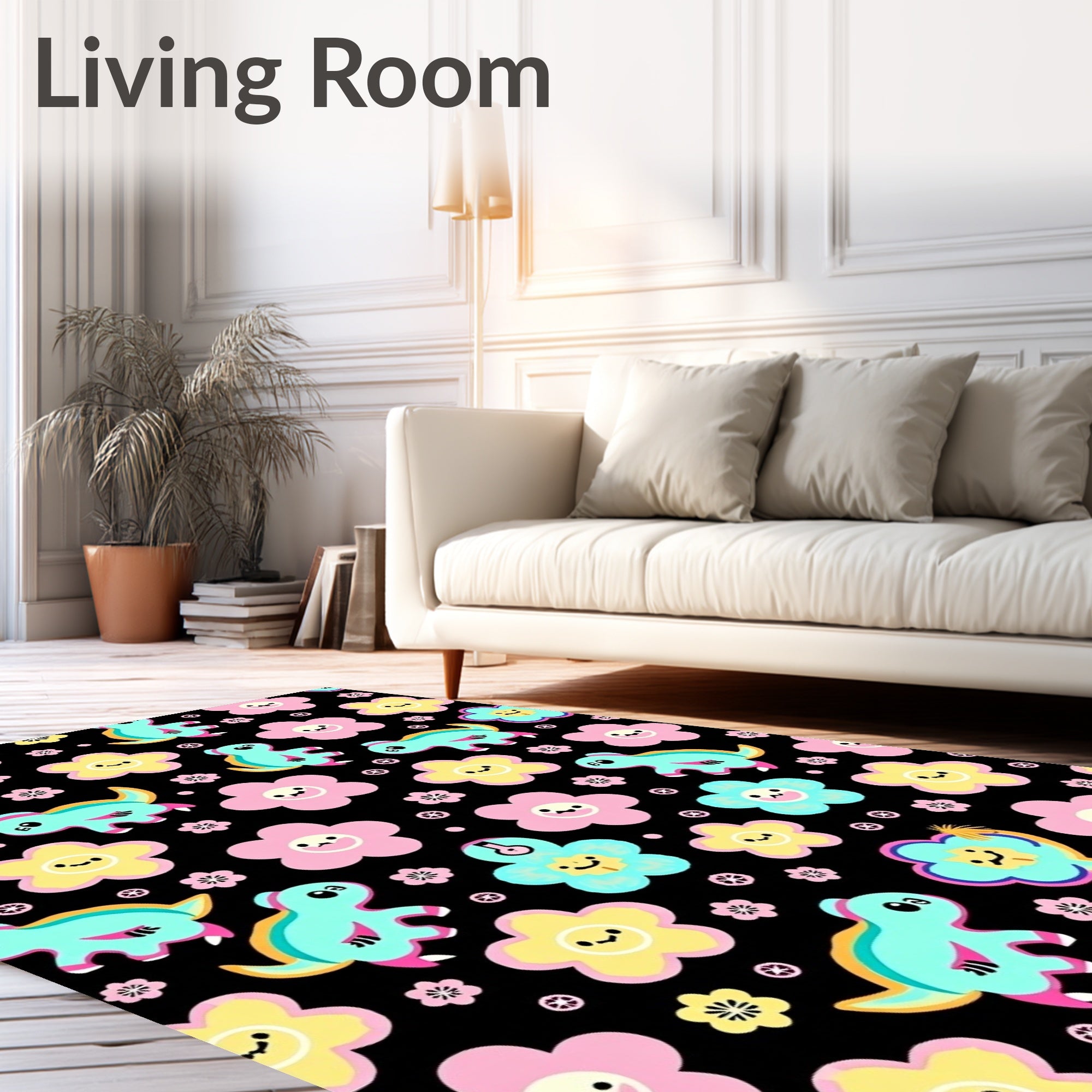 Cute Teal Dinosaurs Pink Yellow Flowers Rug