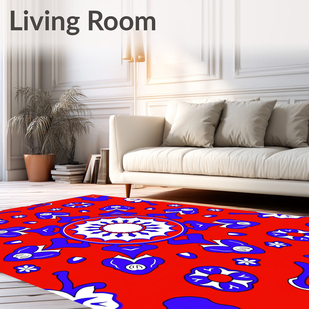 Crimson Blue Floral Mandala Medallion Rug