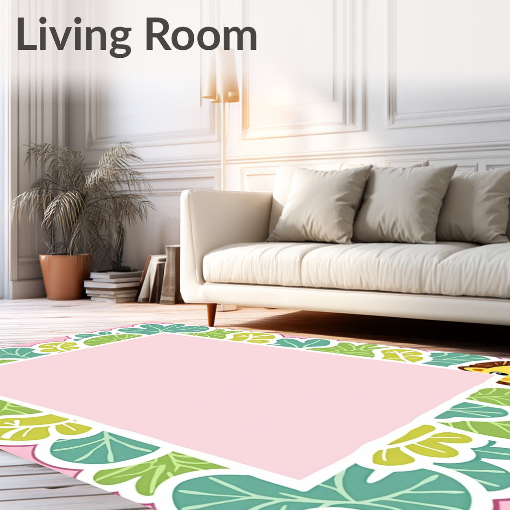 Whimsical Lion Jungle Leaf Pink Rug