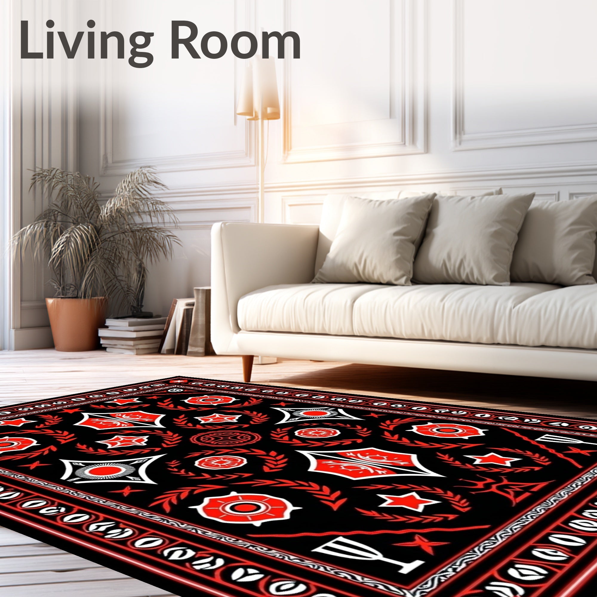 Modern Black Red Geometric Star Rug