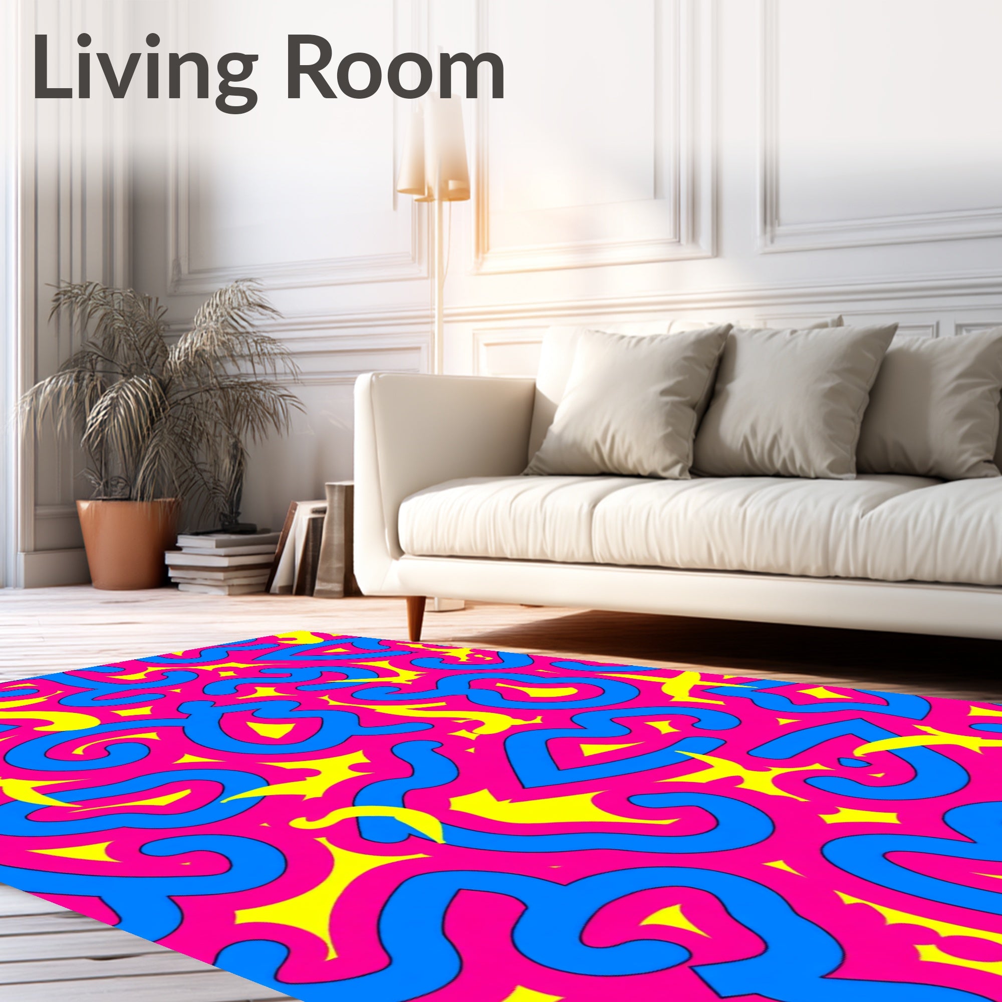 Vibrant Pink Blue Yellow Swirls Rug