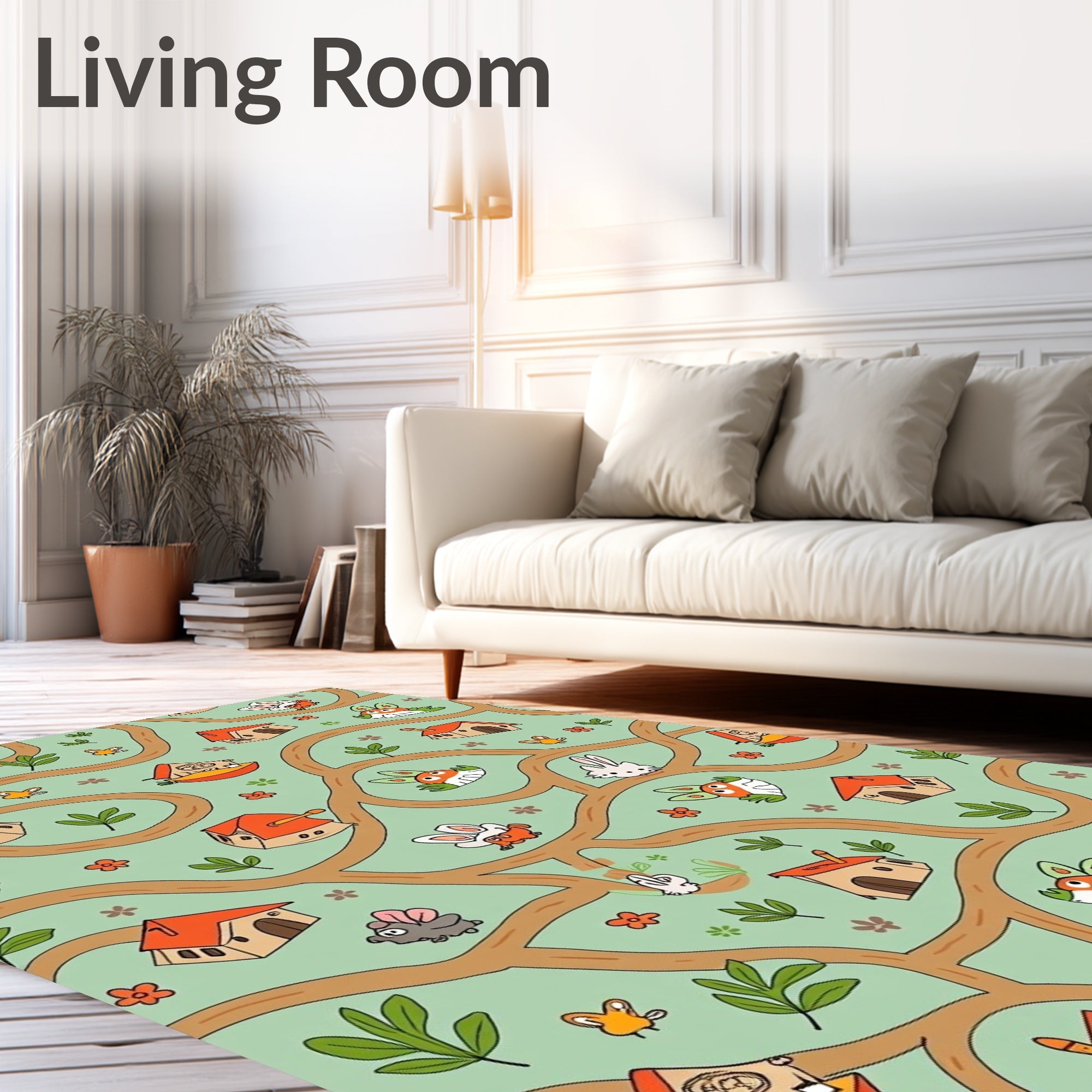 Whimsical Woodland Critters Trail Houses Rug