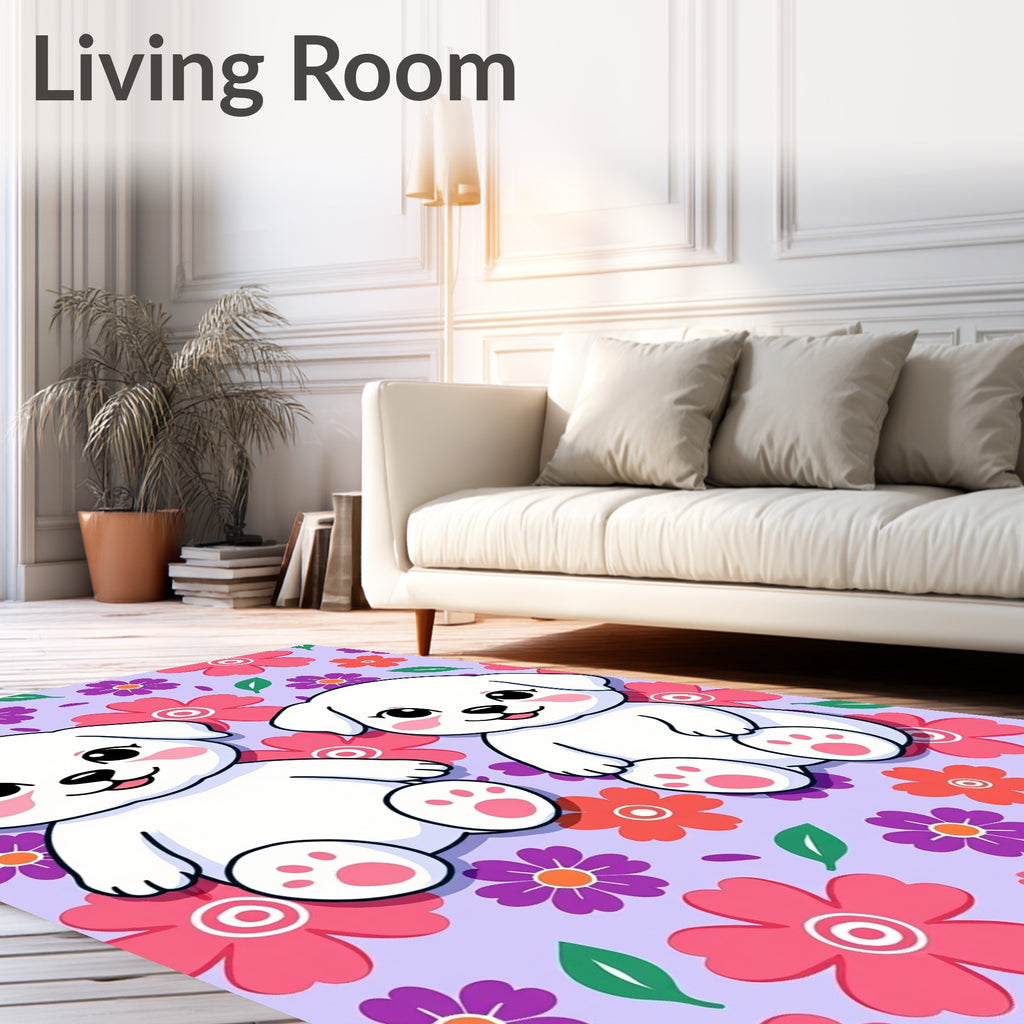 Cute Puppies Floral Background Arrangement Rug