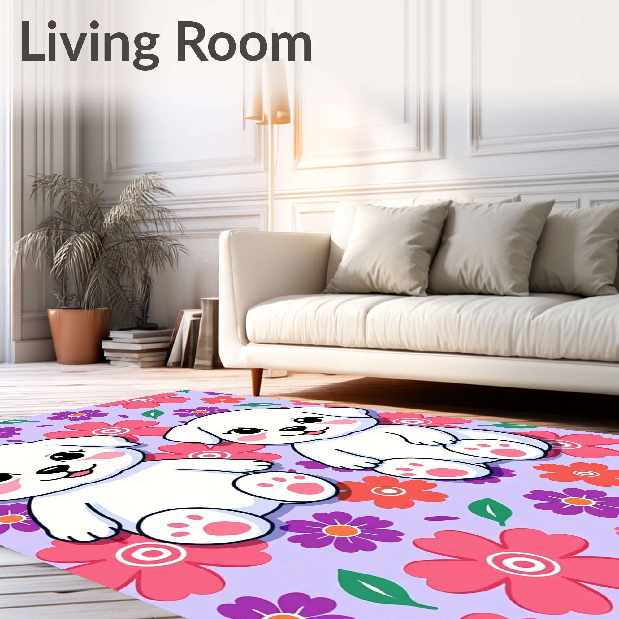 Cute Puppies Floral Background Arrangement Rug