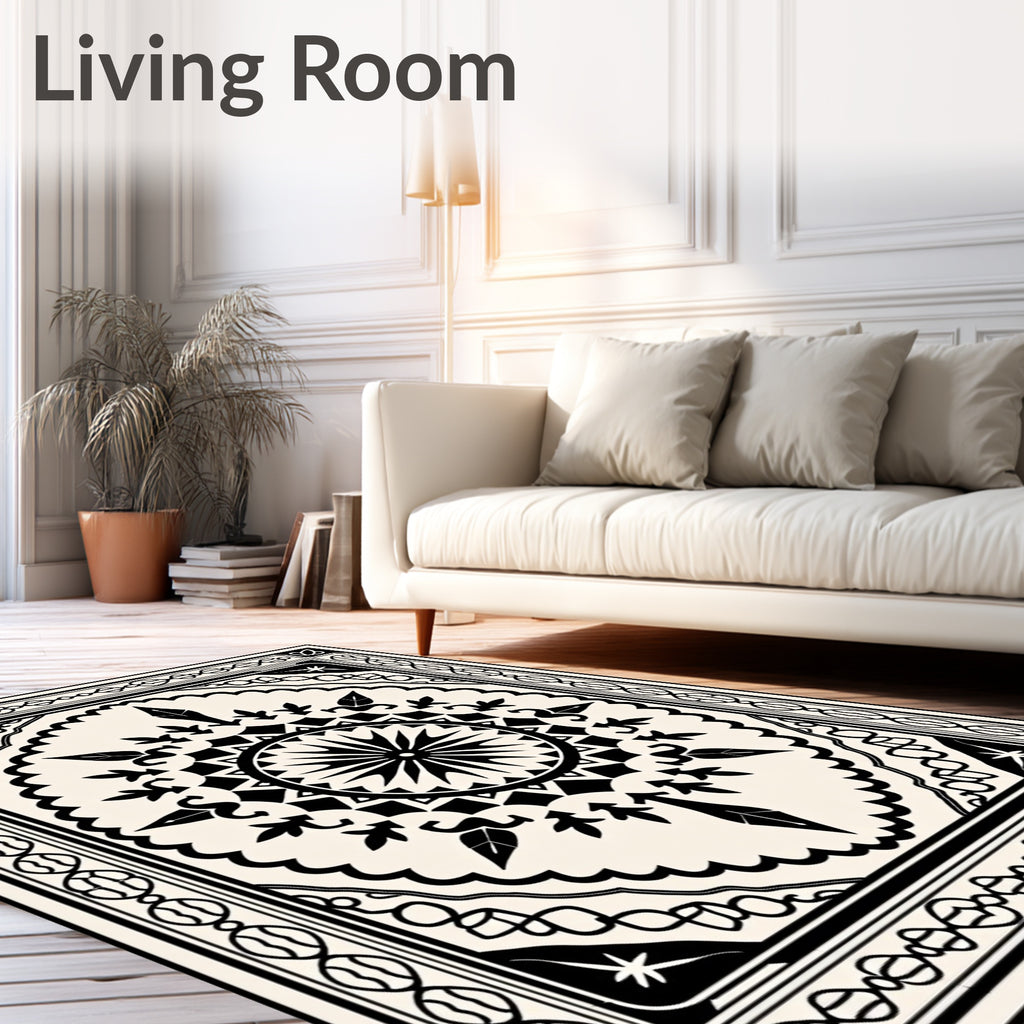 Monochromatic Black Cream Sunburst Medallion Rug