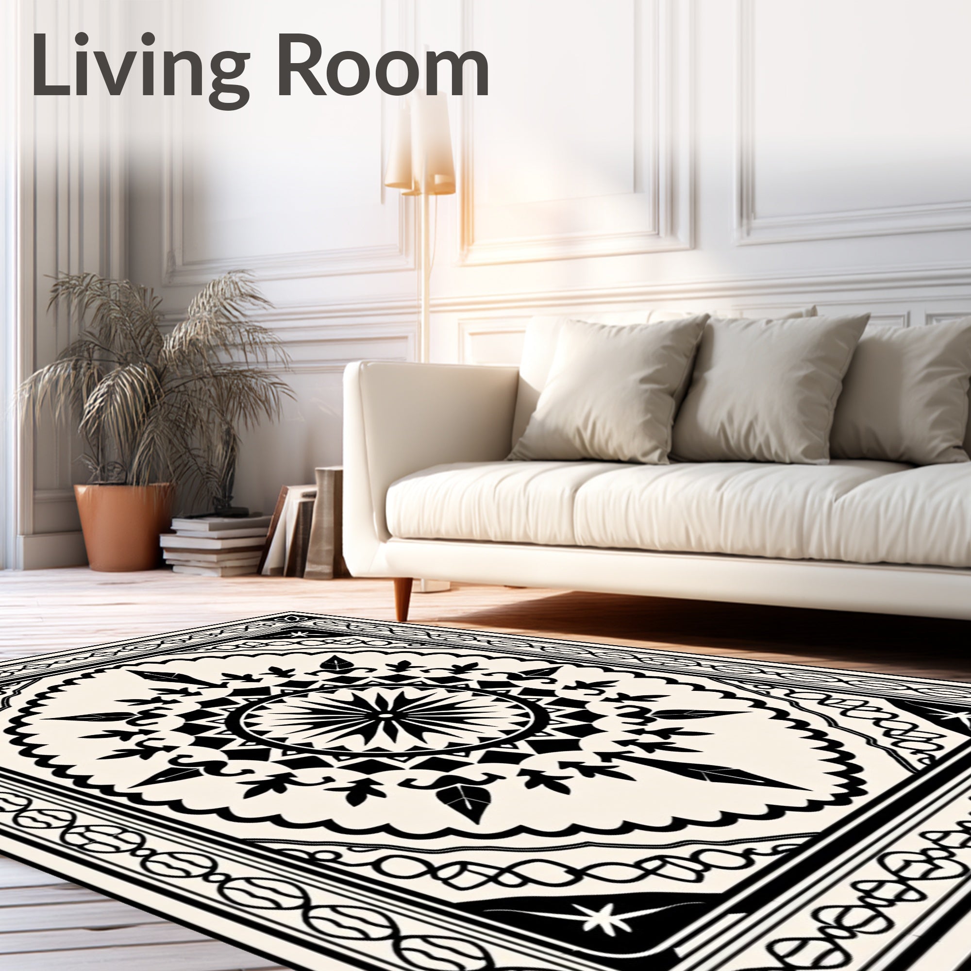 Monochromatic Black Cream Sunburst Medallion Rug