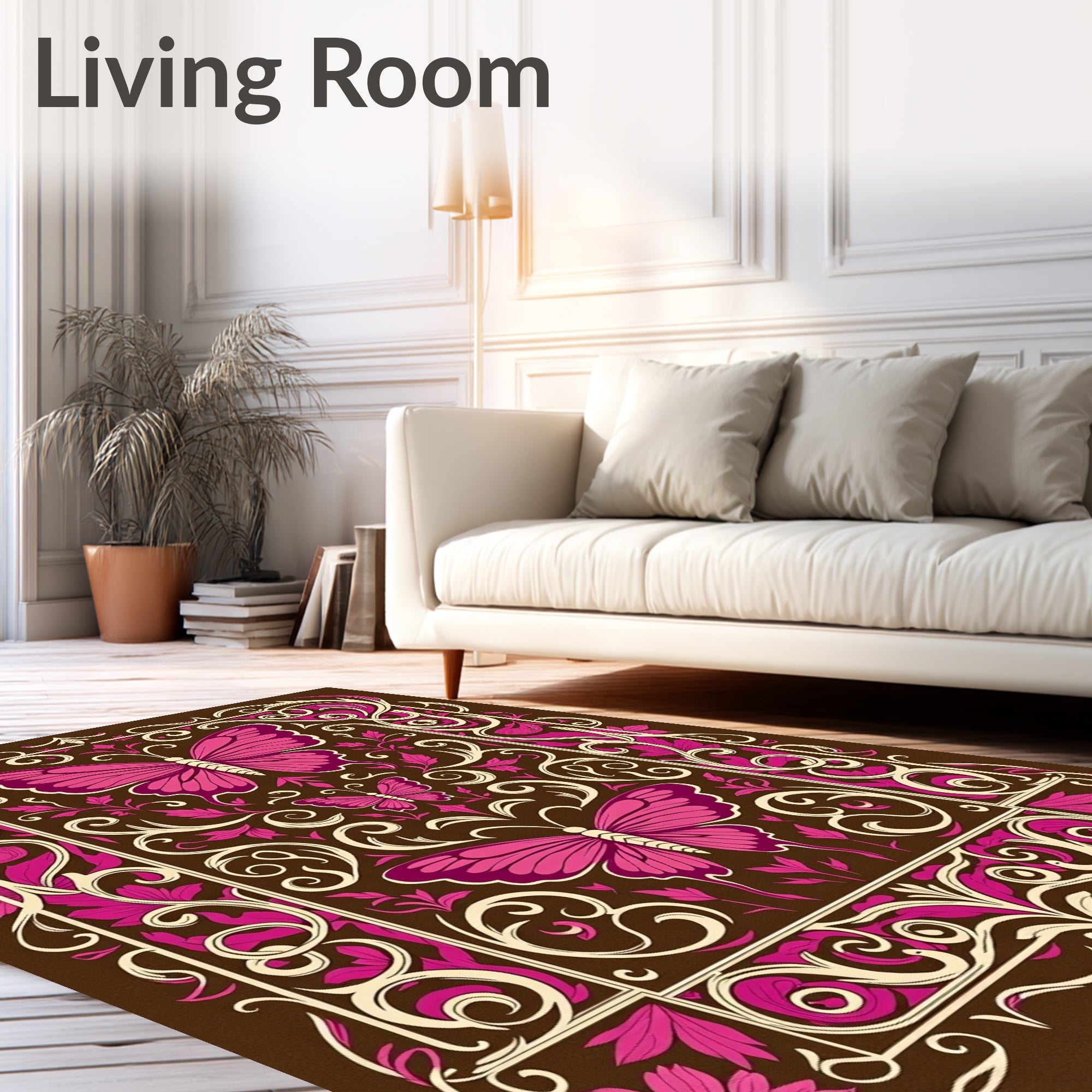 Pink Butterfly Floral Scroll Border Rug