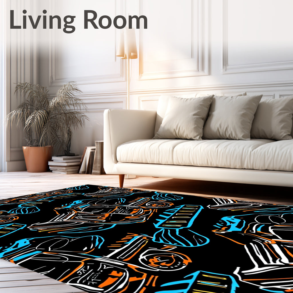 Bold Orange Blue Sketch Cars Rug