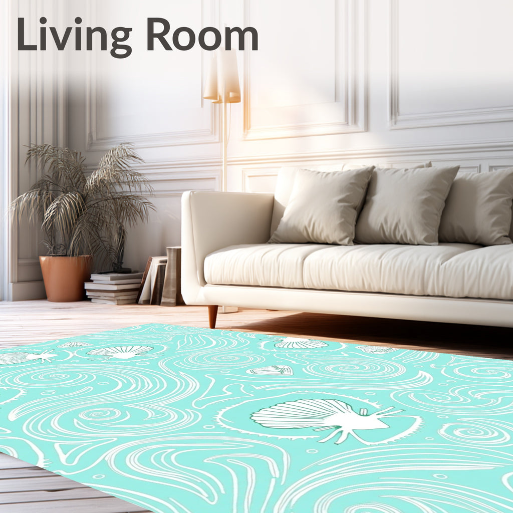 Aqua White Seashell Swirls Rug