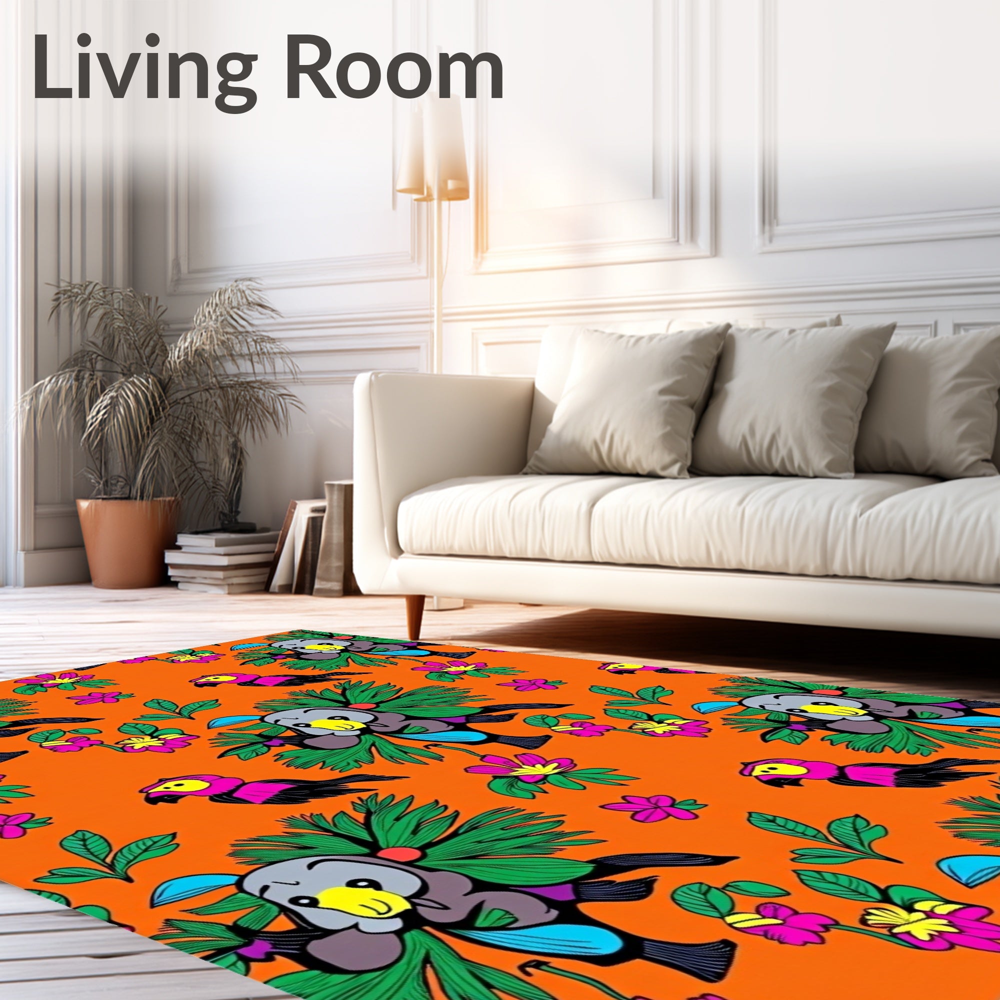 Whimsical Parrot Floral Orange Background Rug