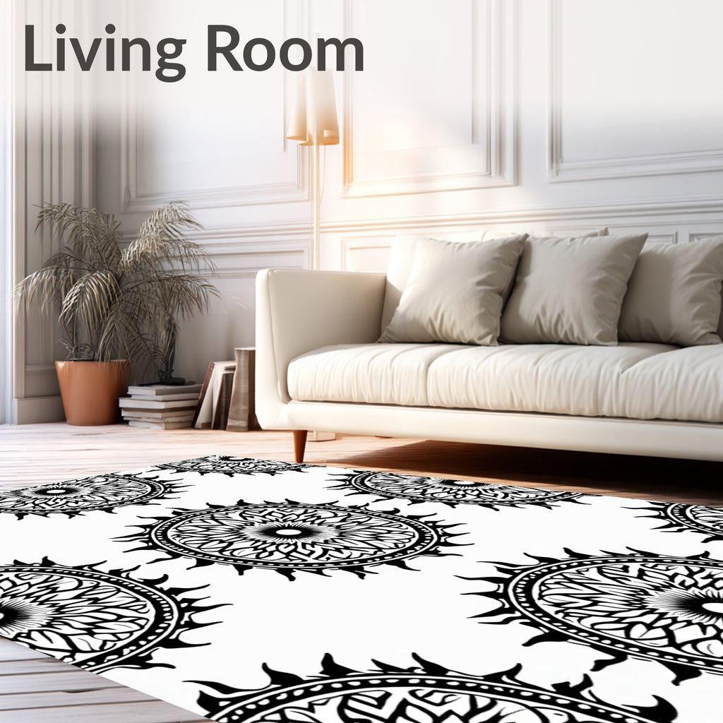Black White Sunburst Mandala Rug