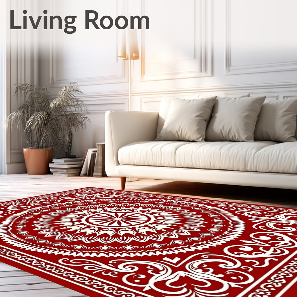 Rich Red Ornate Scrollwork Sunburst Rug
