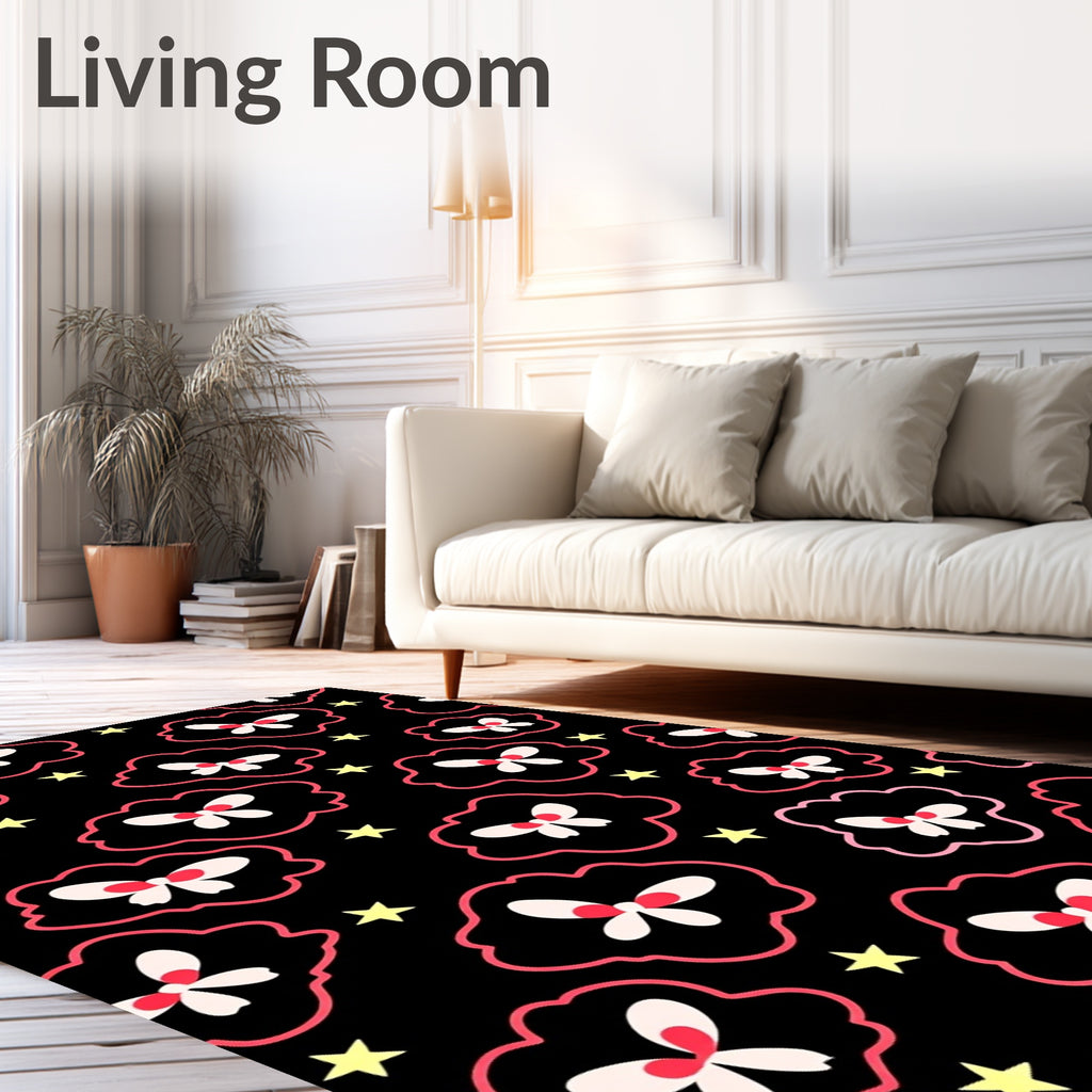 Black Pink Outline Butterfly Star Rug