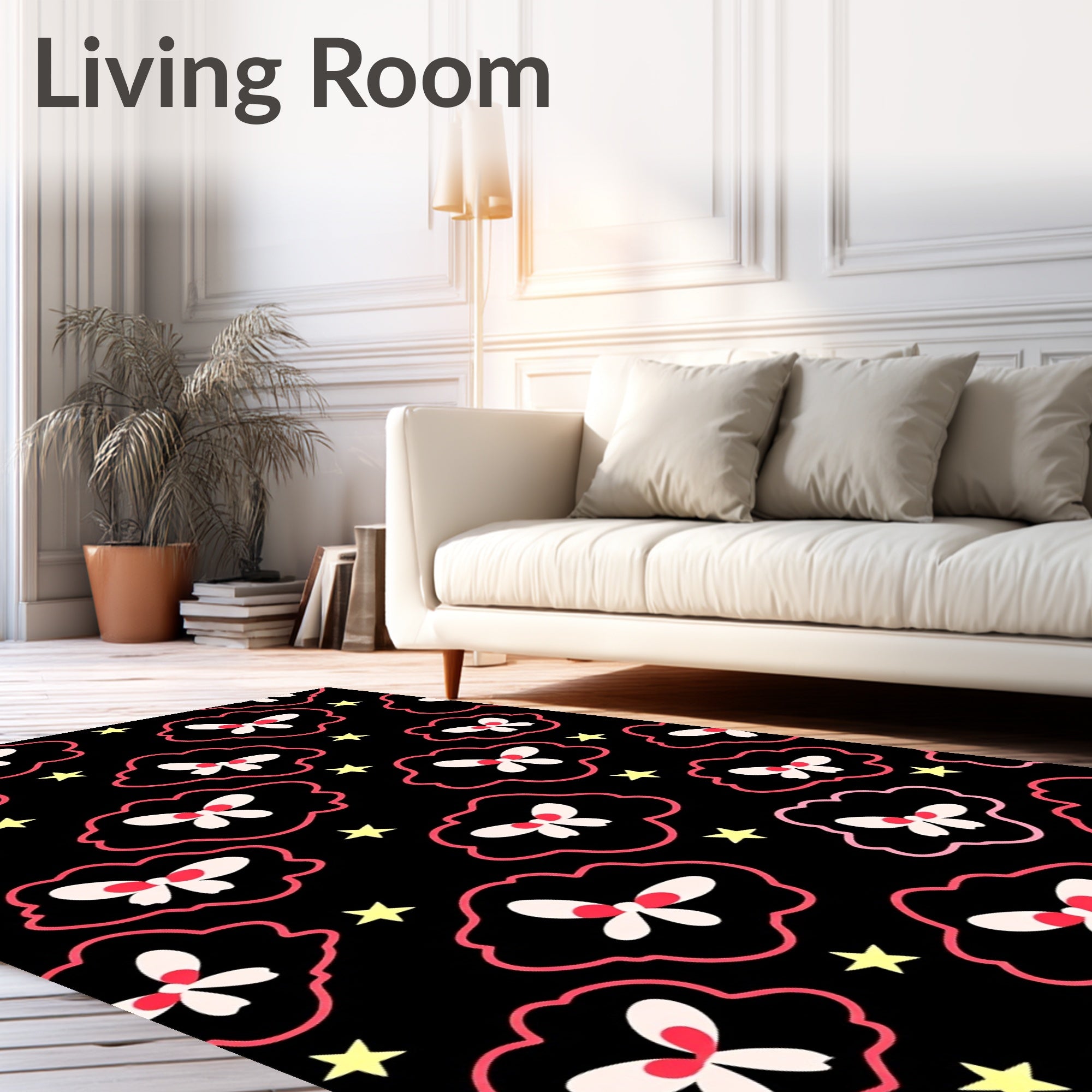 Black Pink Outline Butterfly Star Rug