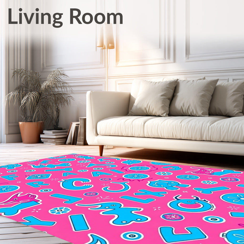 Pink Blue Whimsical Alphabet Creatures Rug
