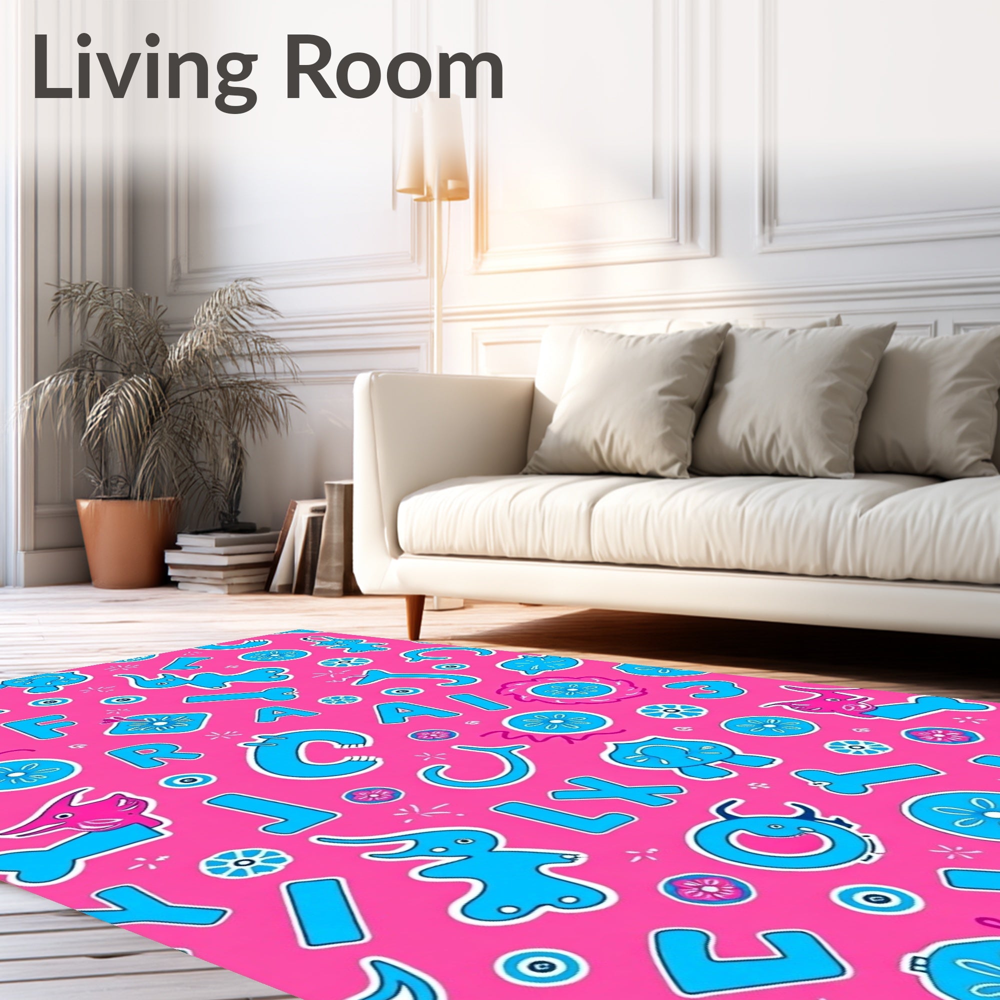 Pink Blue Whimsical Alphabet Creatures Rug