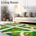 Whimsical Town Map Evergreen Trees Rug