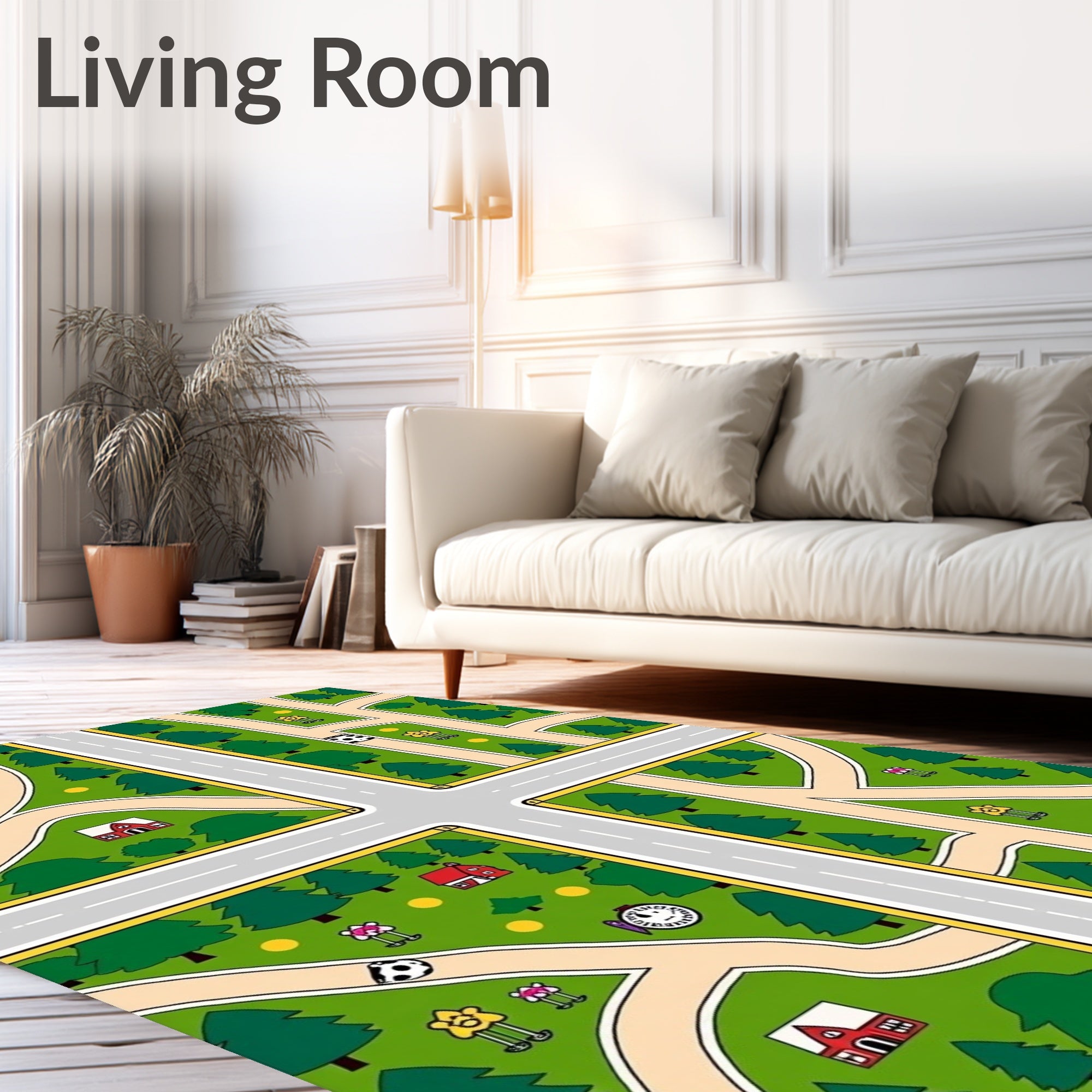 Whimsical Town Map Evergreen Trees Rug