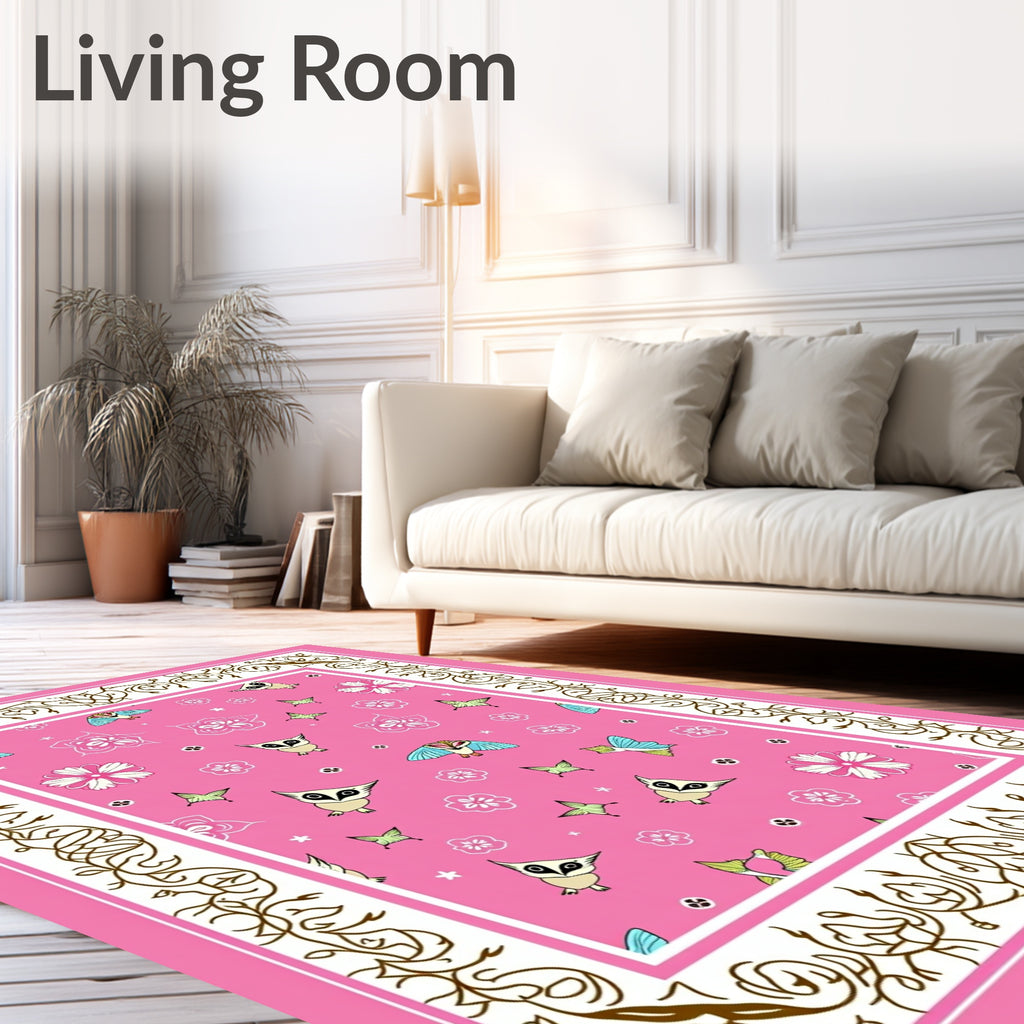 Pink Whimsical Owl Butterfly Floral Rug