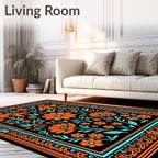 Orange Teal Floral Animal Garden Rug