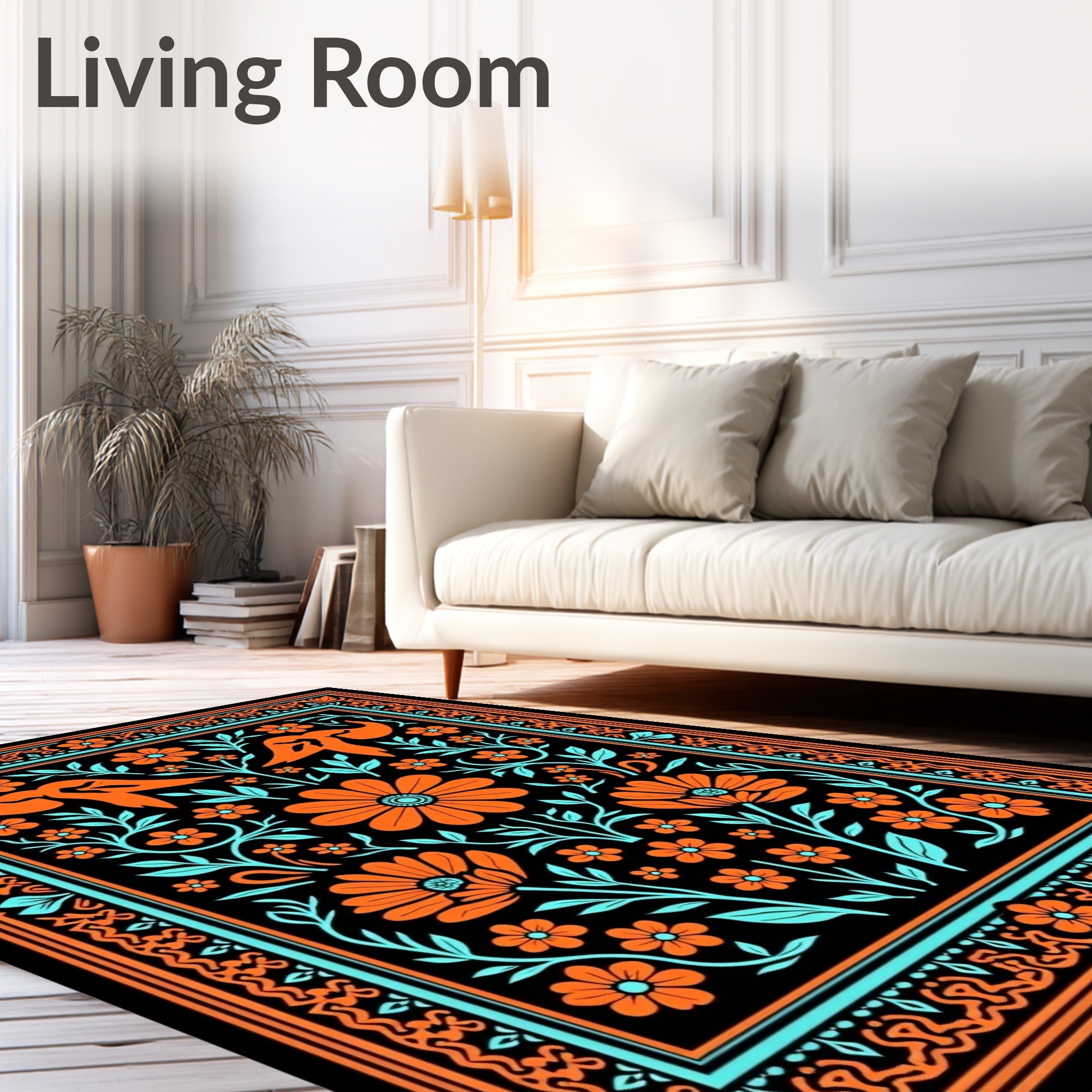 Orange Teal Floral Animal Garden Rug