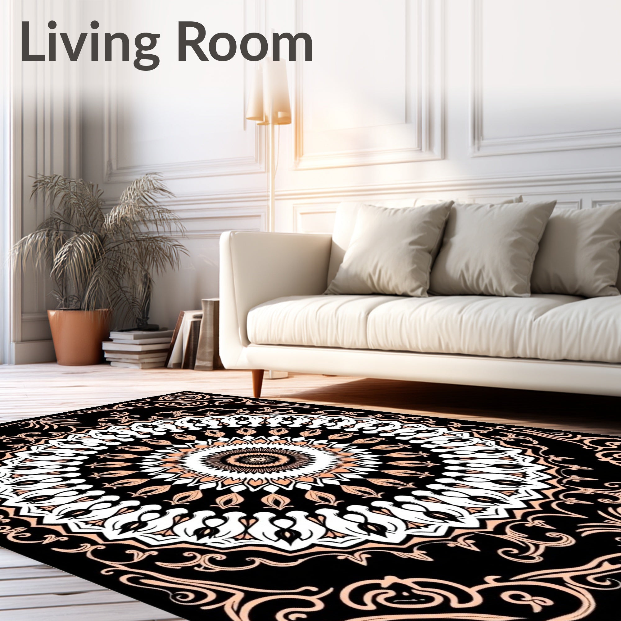 Peach Black Mandala Art Rug