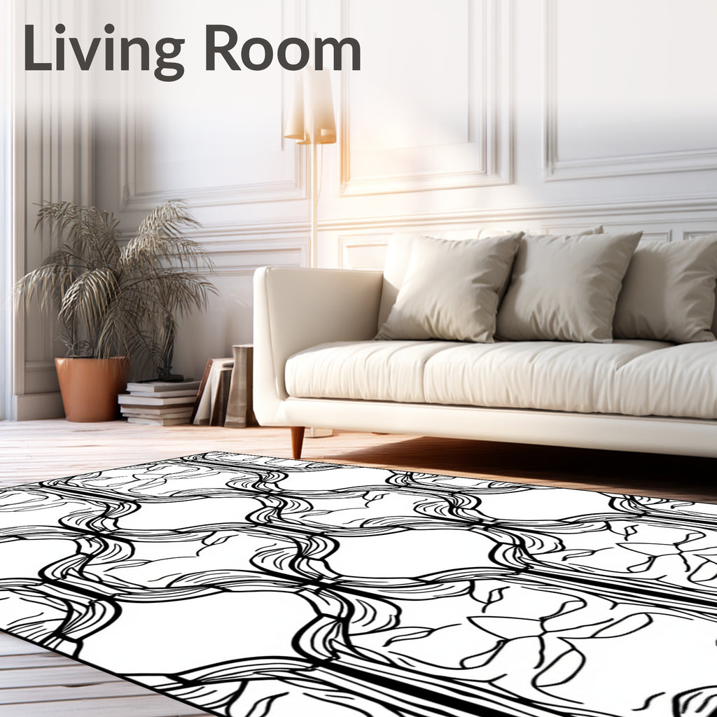 Black White Organic Vine Scroll Rug