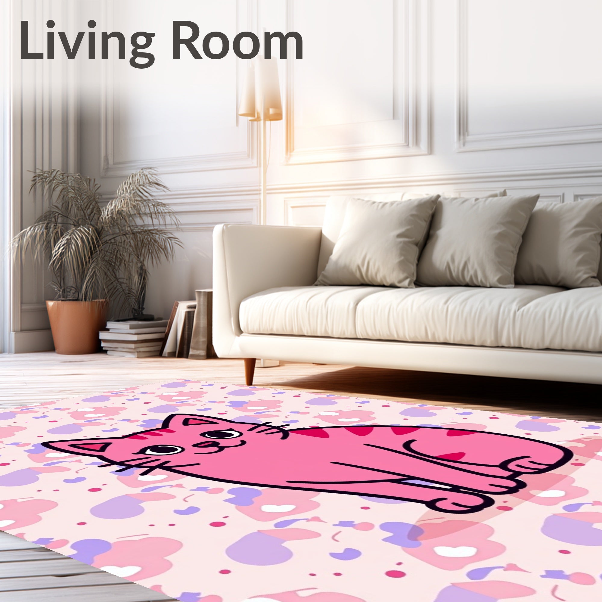 Pink Cat With Purple Cloud Background Rug