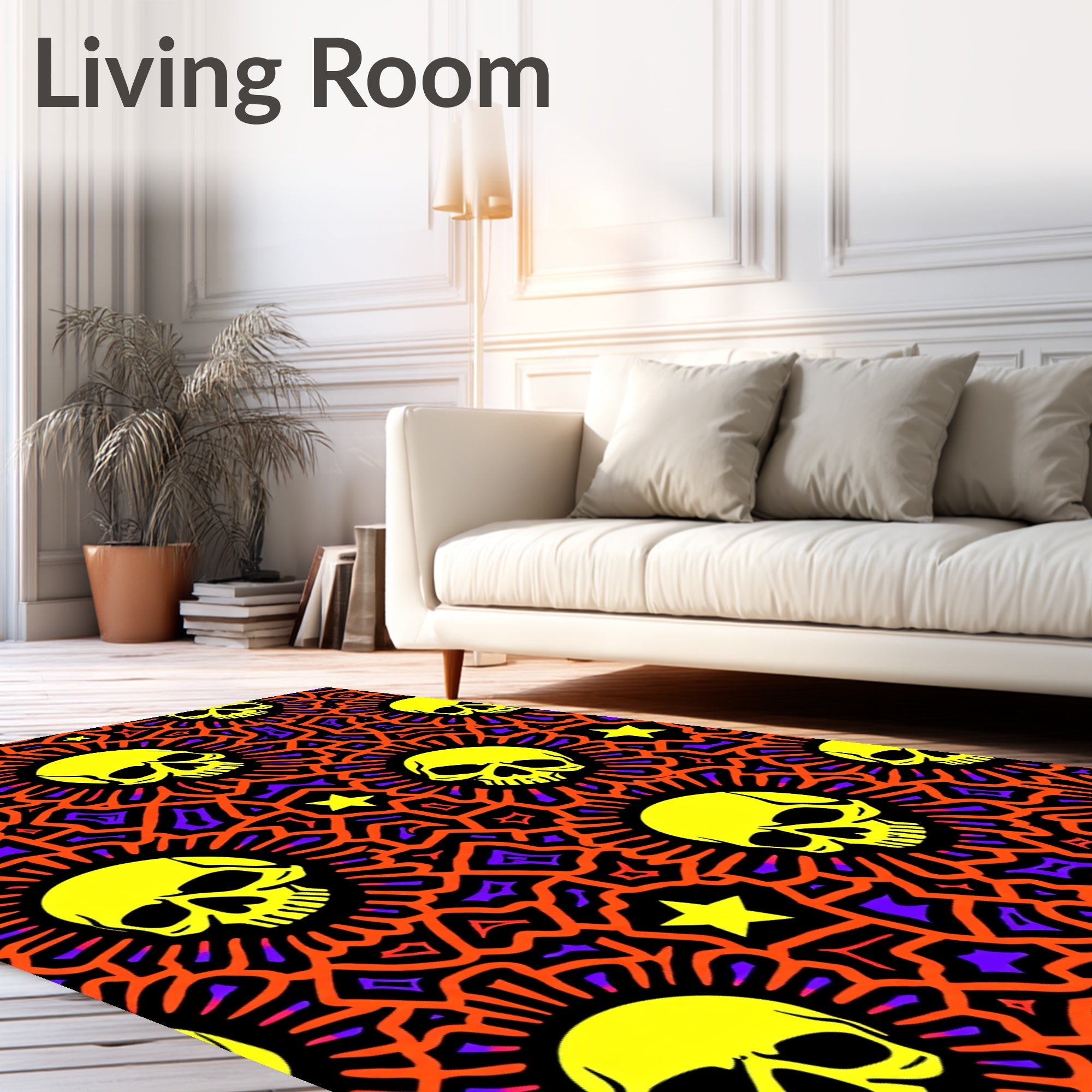 Yellow Skull Sunburst Orange Purple Rug