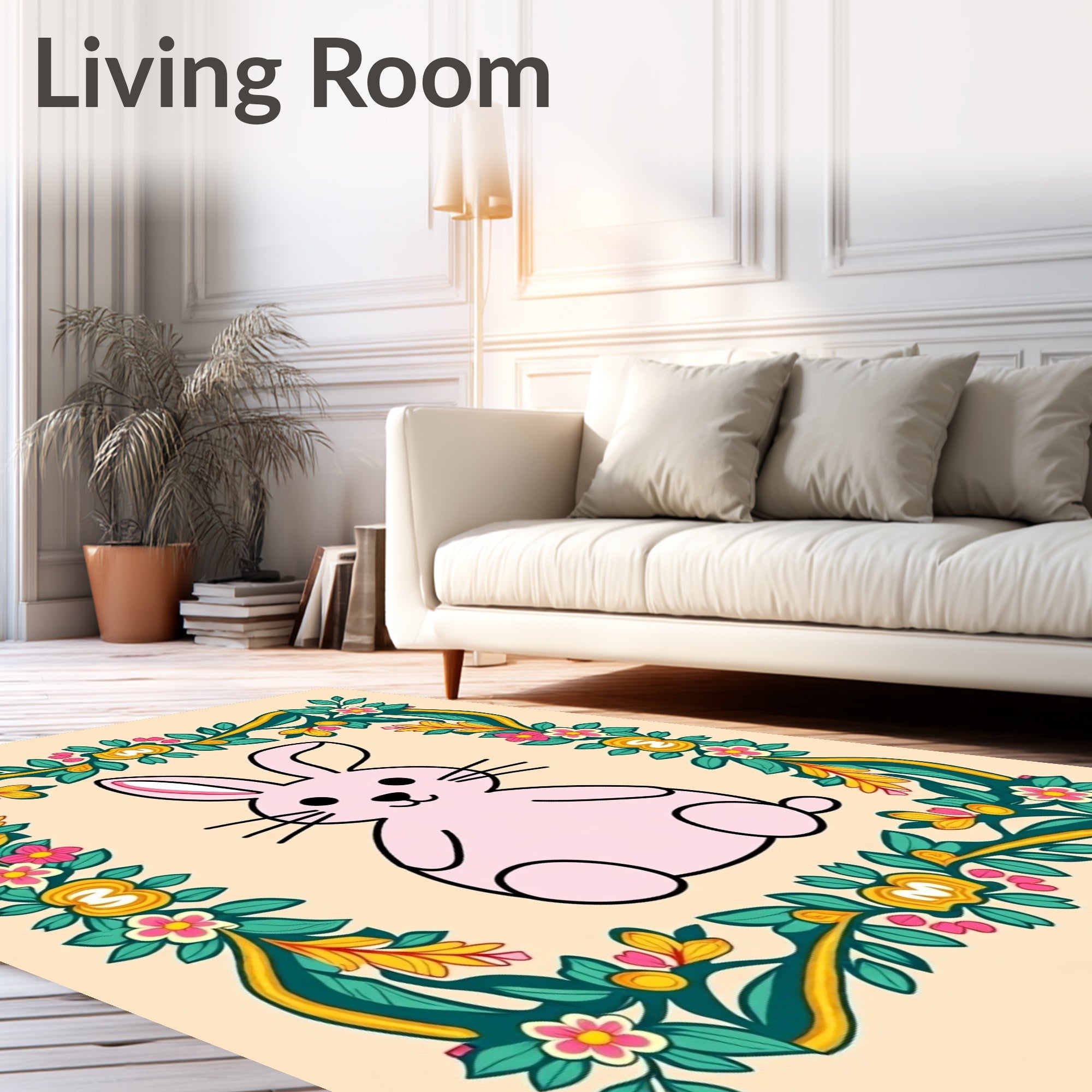 Pink Easter Bunny Floral Frame Rug
