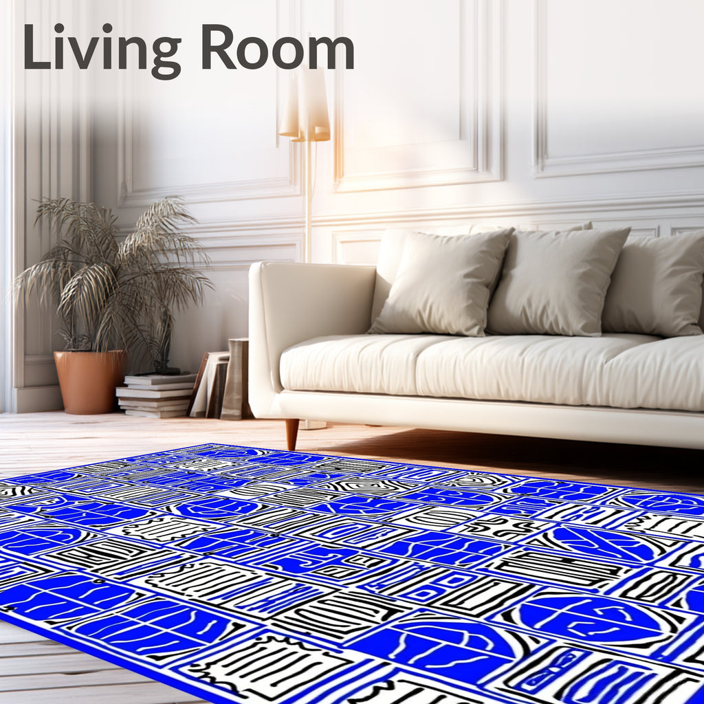 Bold Blue Grid Abstract Squares Rug