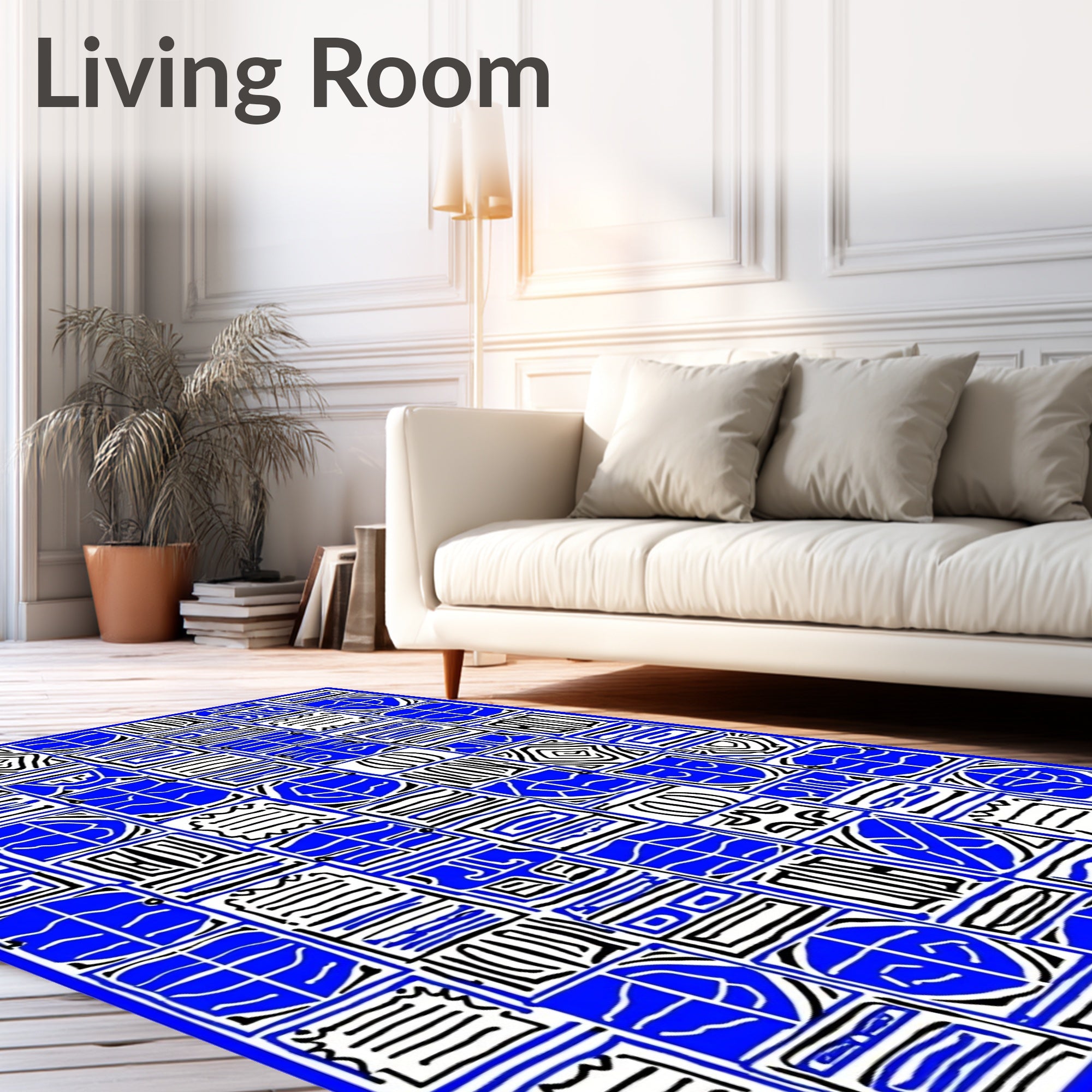 Bold Blue Grid Abstract Squares Rug