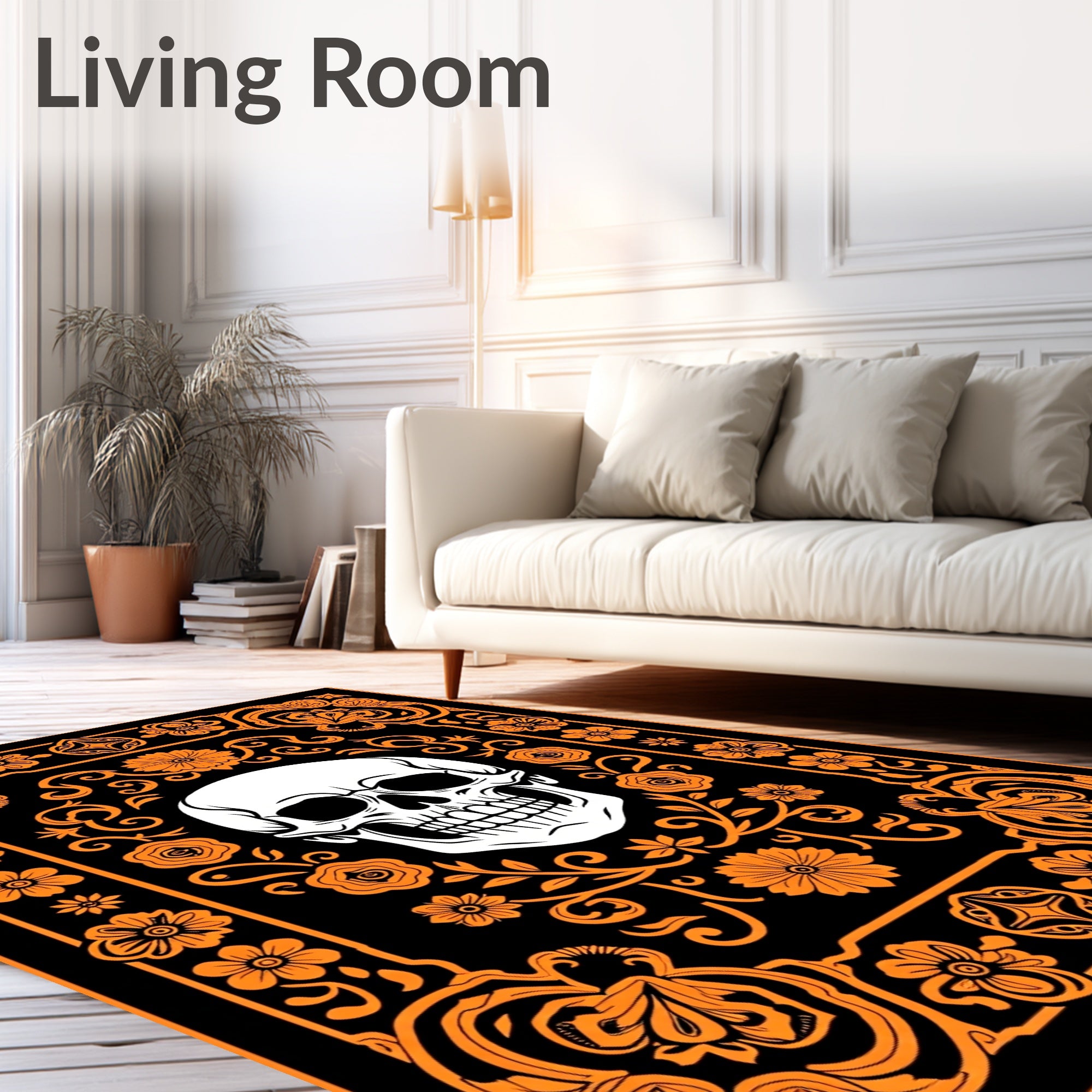 Monochromatic Orange Floral Skull Border Rug