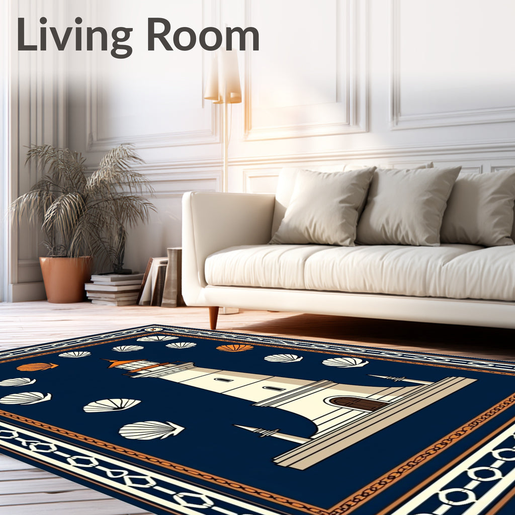 Coastal Lighthouse and Seashells Navy Orange Rug