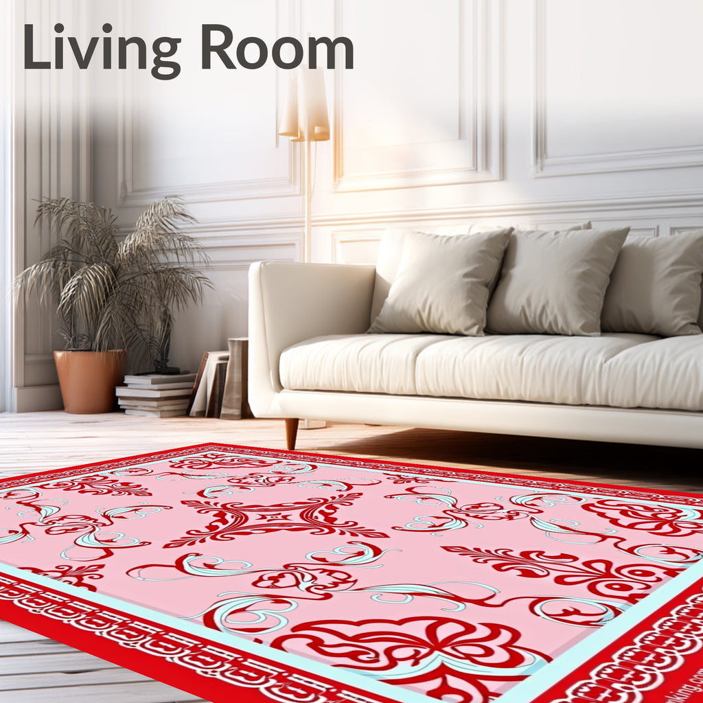 Crimson Red Damask Scroll Medallion Rug
