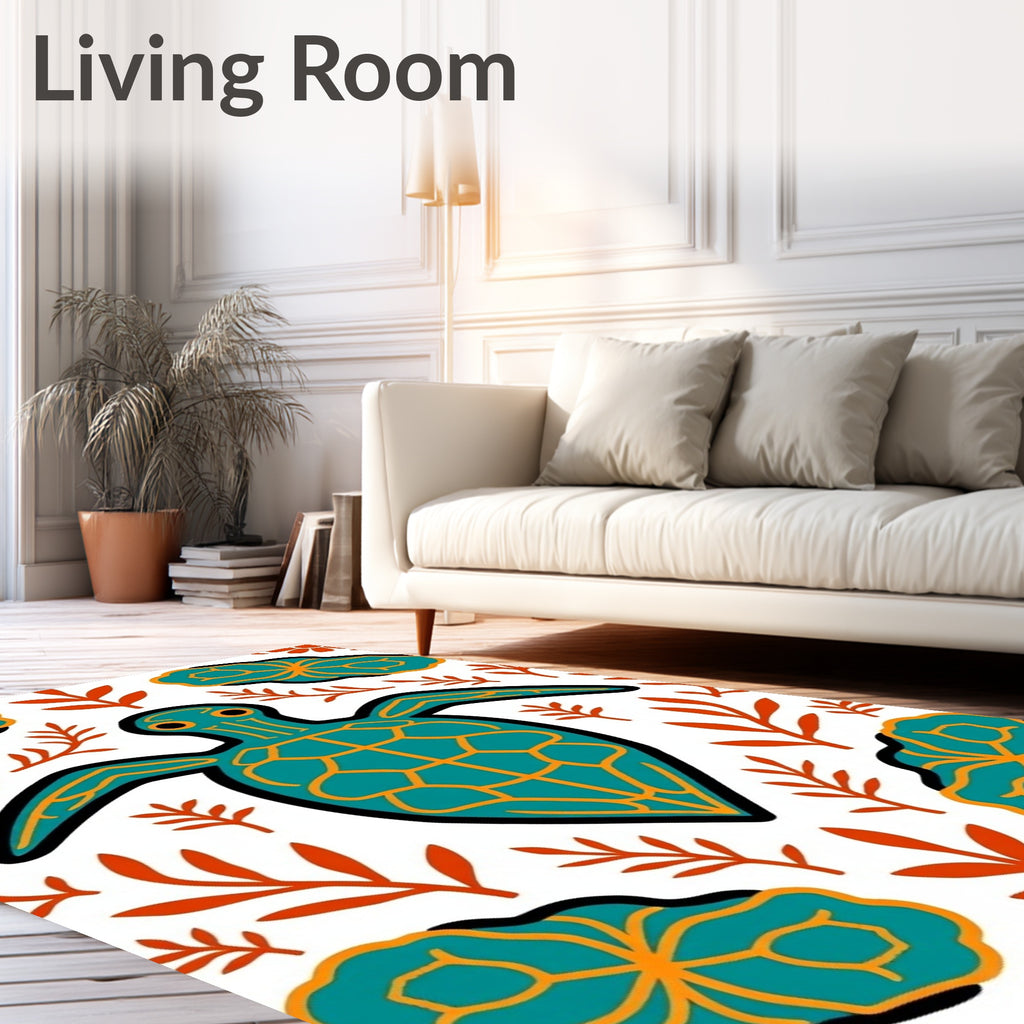 Teal Orange Turtle Botanical Arrangement Rug
