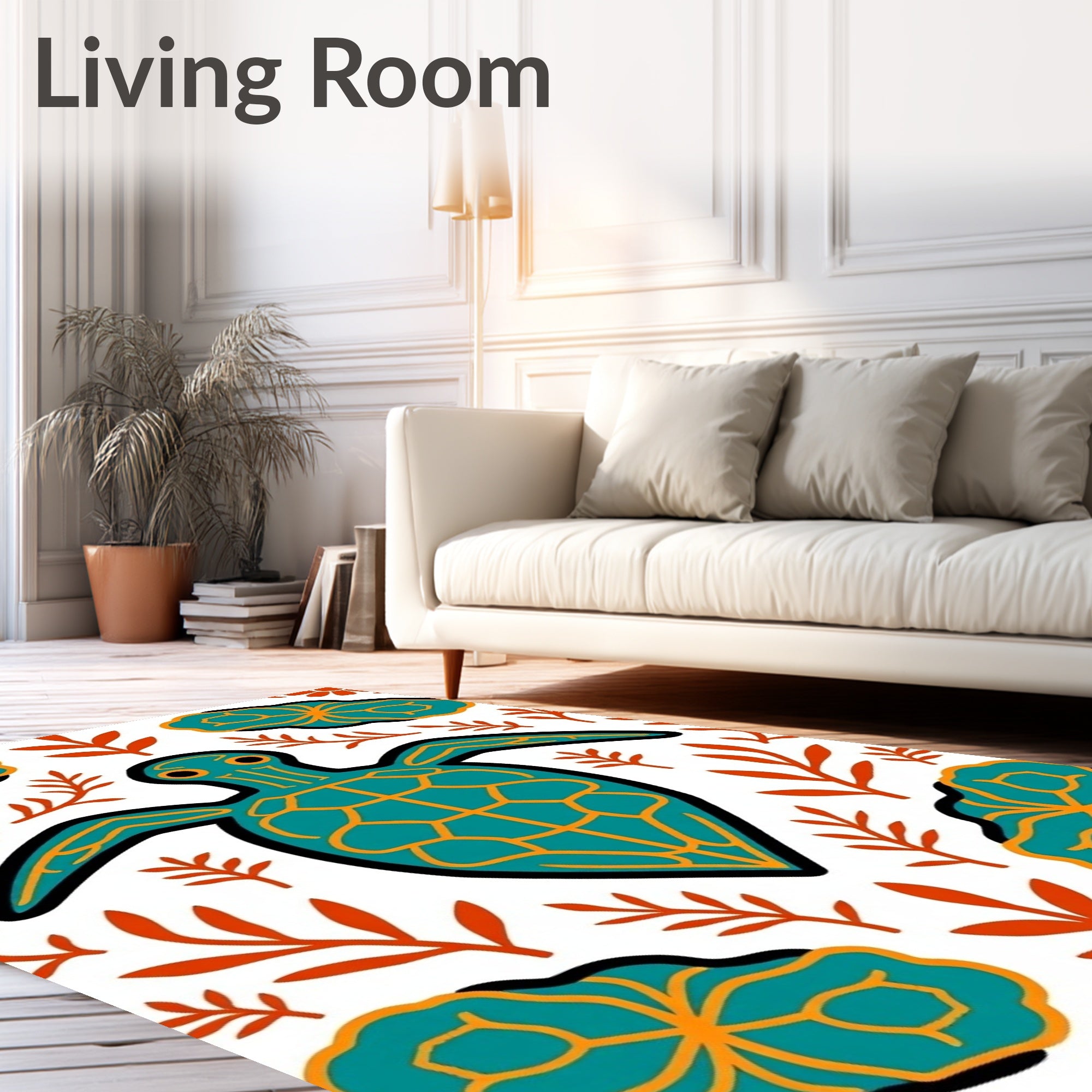 Teal Orange Turtle Botanical Arrangement Rug