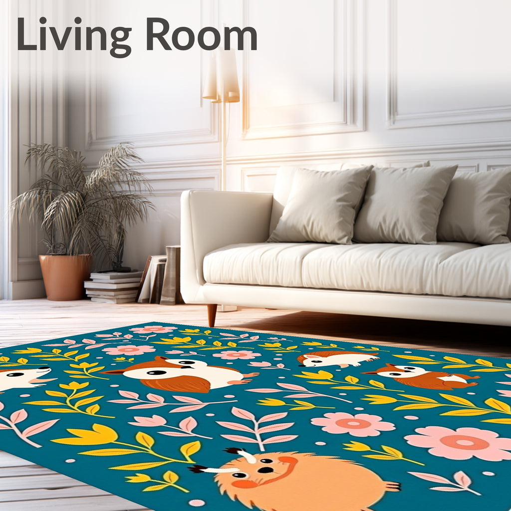 Woodland Creatures Pink Yellow Botanical Rug