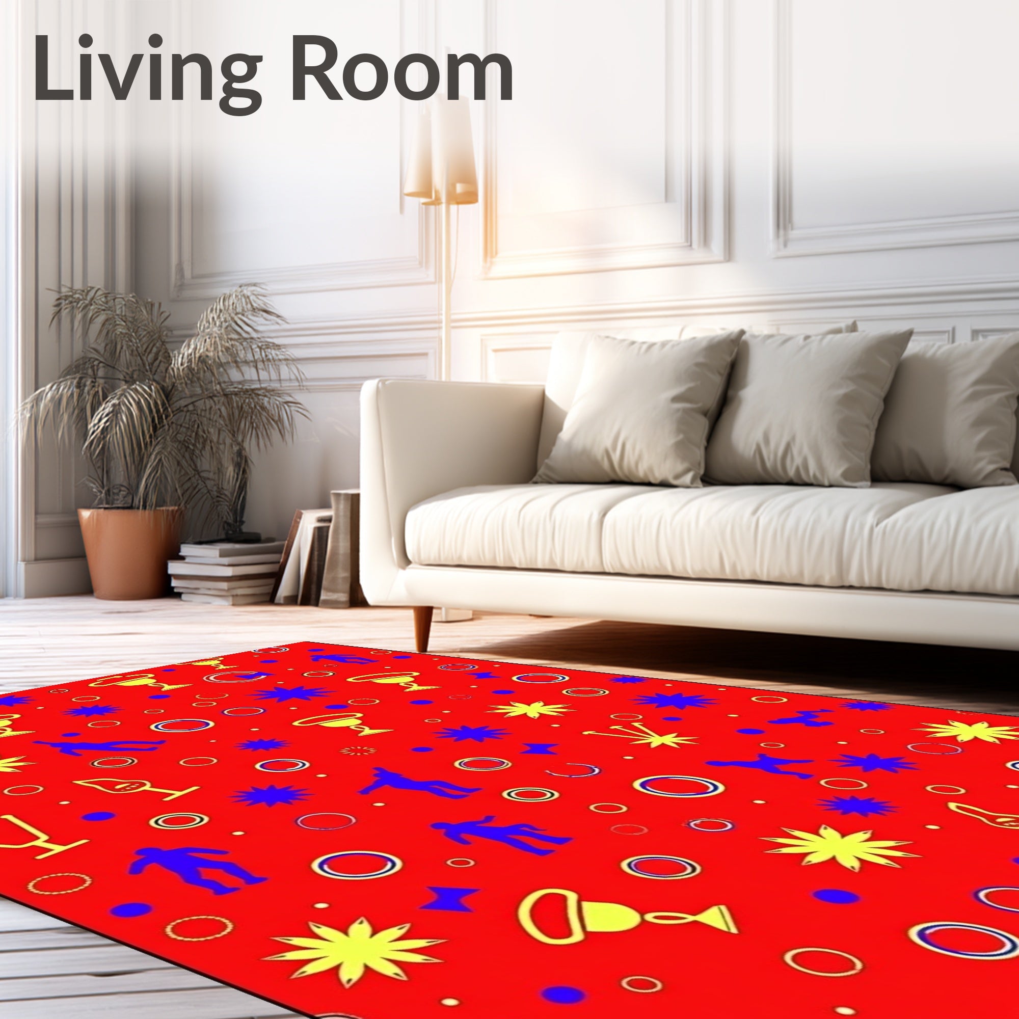 Red Yellow Blue Stylized Figures Cups Rug