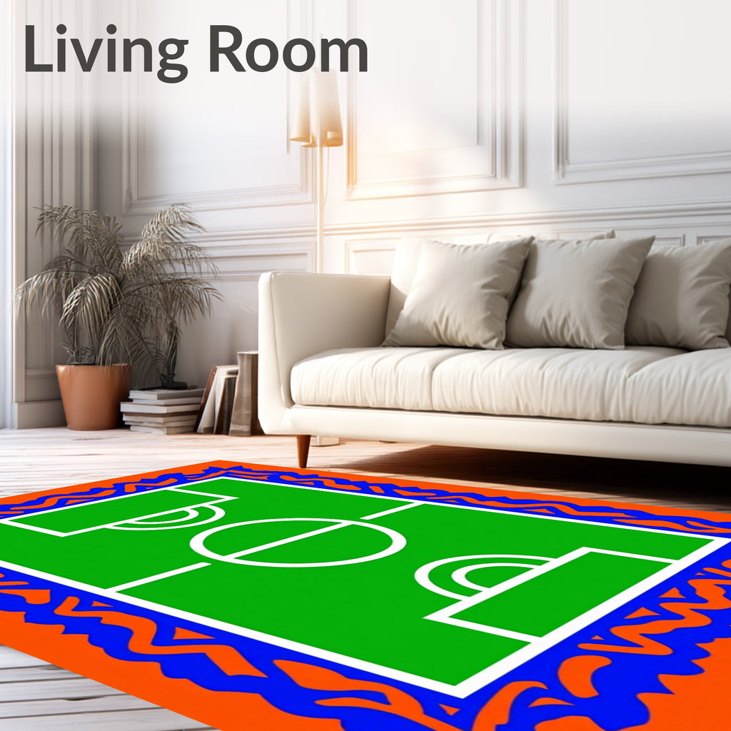 Green Football Field Orange Blue Border Rug