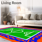 Green Football Field Orange Blue Border Rug