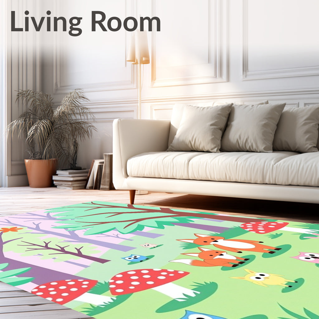 Whimsical Woodland Creatures Fox Owl Mushroom Garden Rug