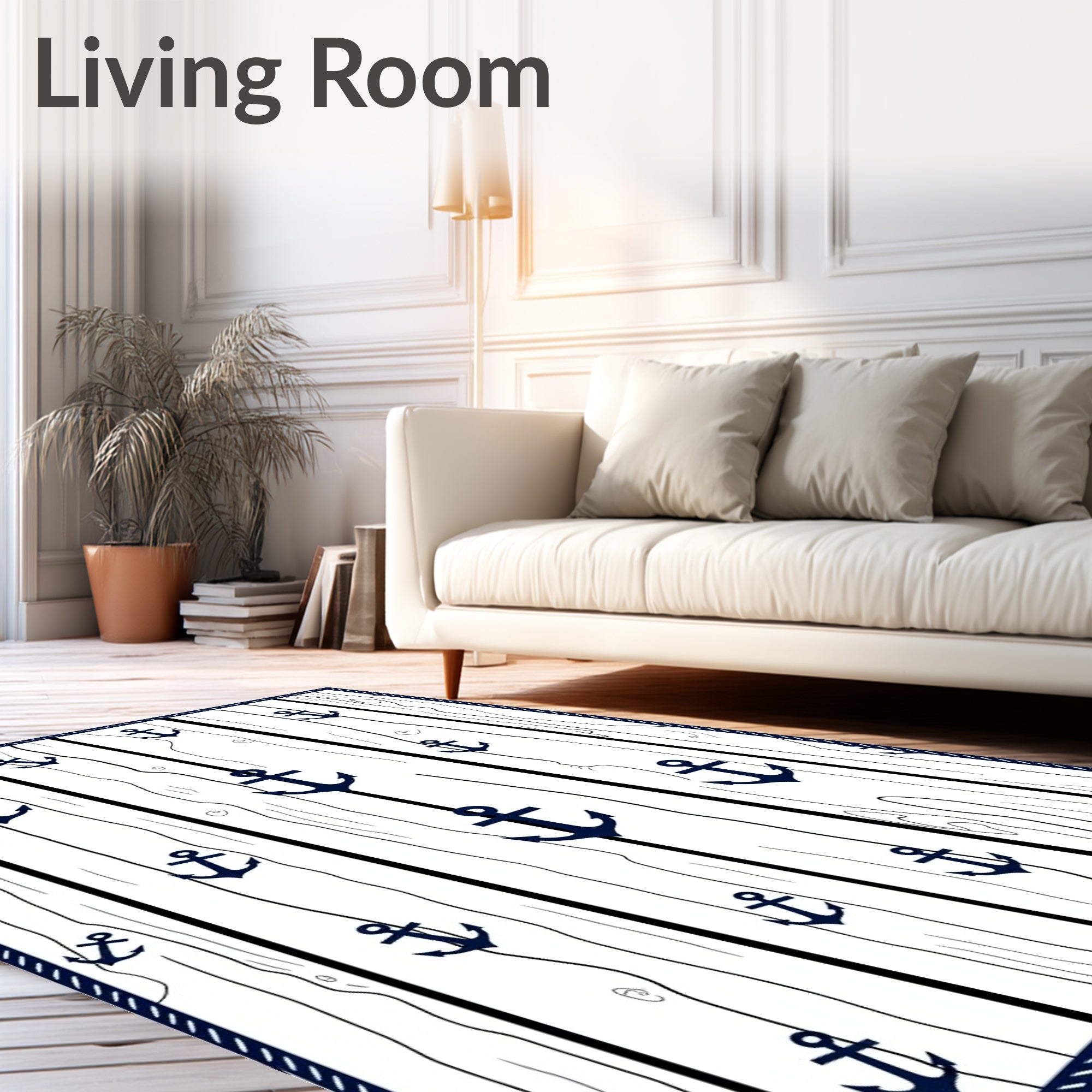 Dark Blue Anchor Wood Striped Rug