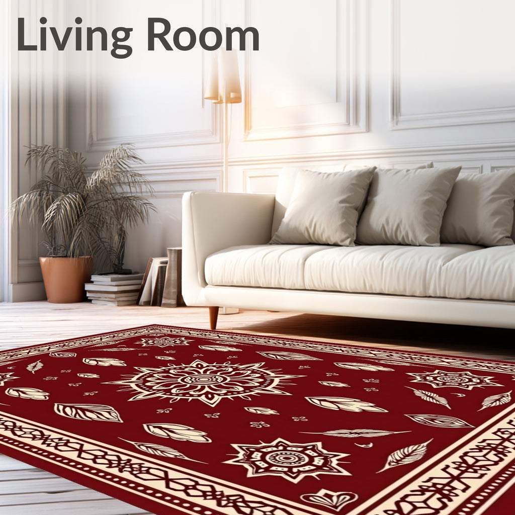 Deep Red Tribal Feather Mandala Rug