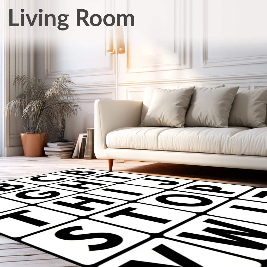Alphabet Blocks Black White Grid Rug