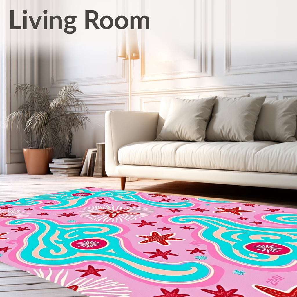 Whimsical Pink Red Starfish Waves Rug