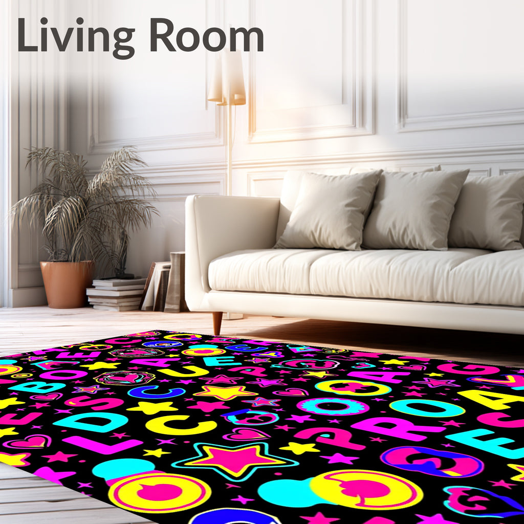 Vivid Neon Alphabet Stars Hearts Rug