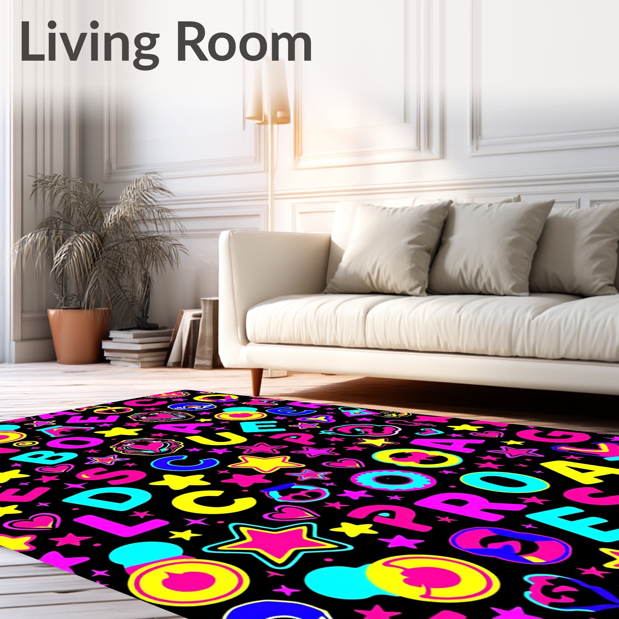 Vivid Neon Alphabet Stars Hearts Rug