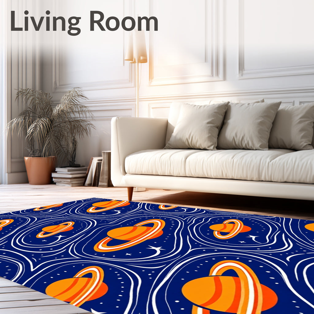 Orange Ringed Planets Swirling Galaxy Rug